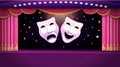 A theater stage with a red open curtain and with comedy and tragedy theatre masks. Vector template illustration